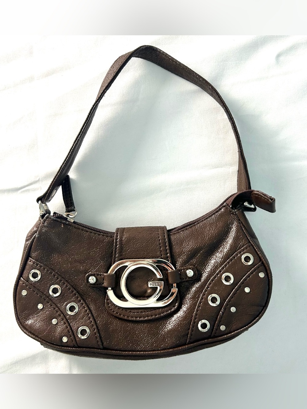 Vintage/Y2K GUESS Brown Shoulder Bag Large Silver G Hardware and Studded/Grommet
